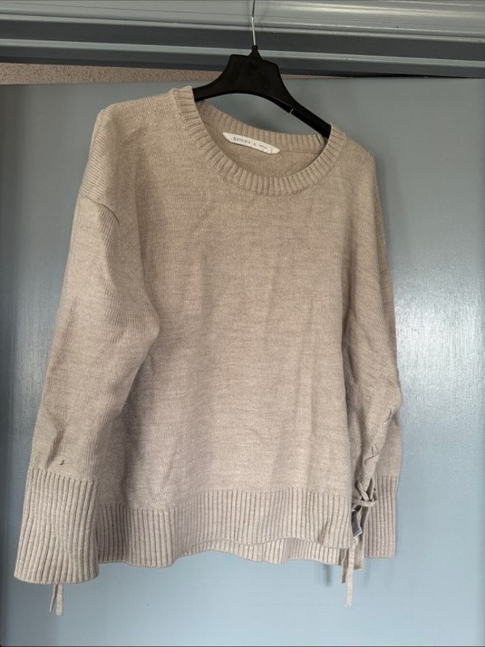 Athleta 100% Merino Wool Beige Sweater Crew Neck Long Sleeves Side Laces sz XL